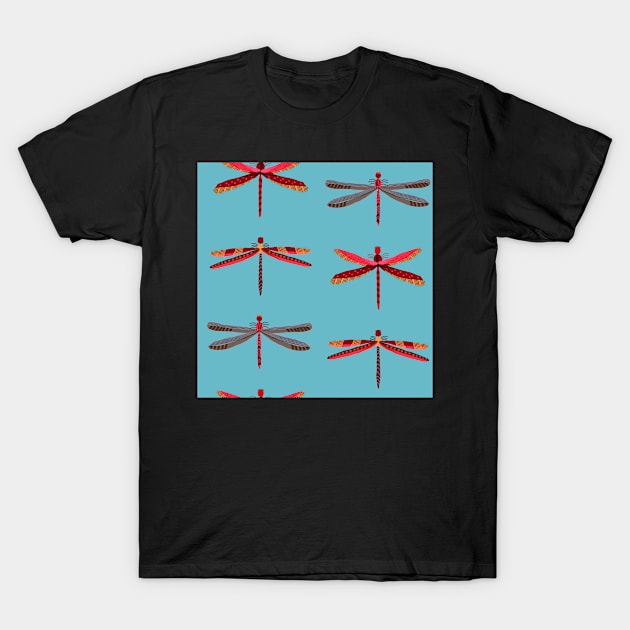 Stacked Thailand red dragonflies on light blue T-Shirt by Ipoole